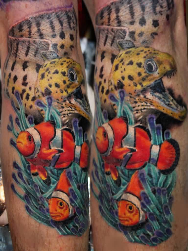 Incredible 3D Saltwater Fishes Tattoo