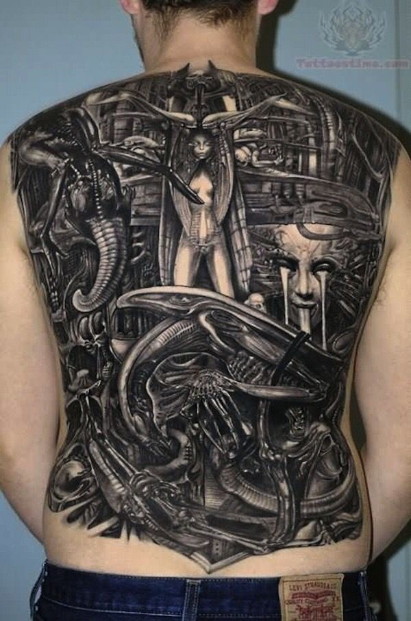 Incredible Black And Grey Biomechanical Tattoo On Full Back