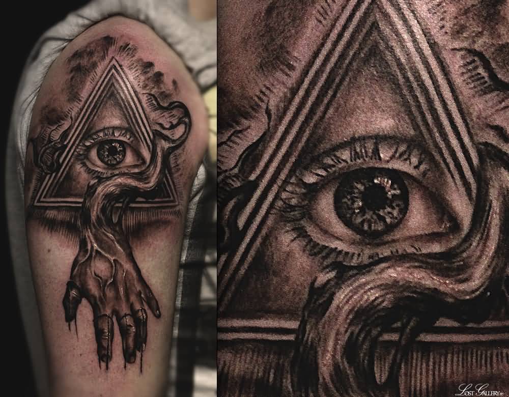 Incredible Grey 3D Triangle Eye With Hand Tattoo On Right Shoulder
