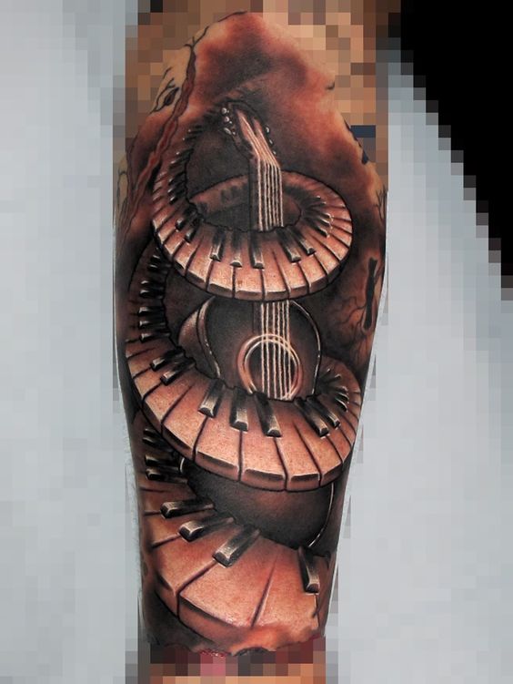 Incredible Grey And Black Piano With Guitar Tattoo