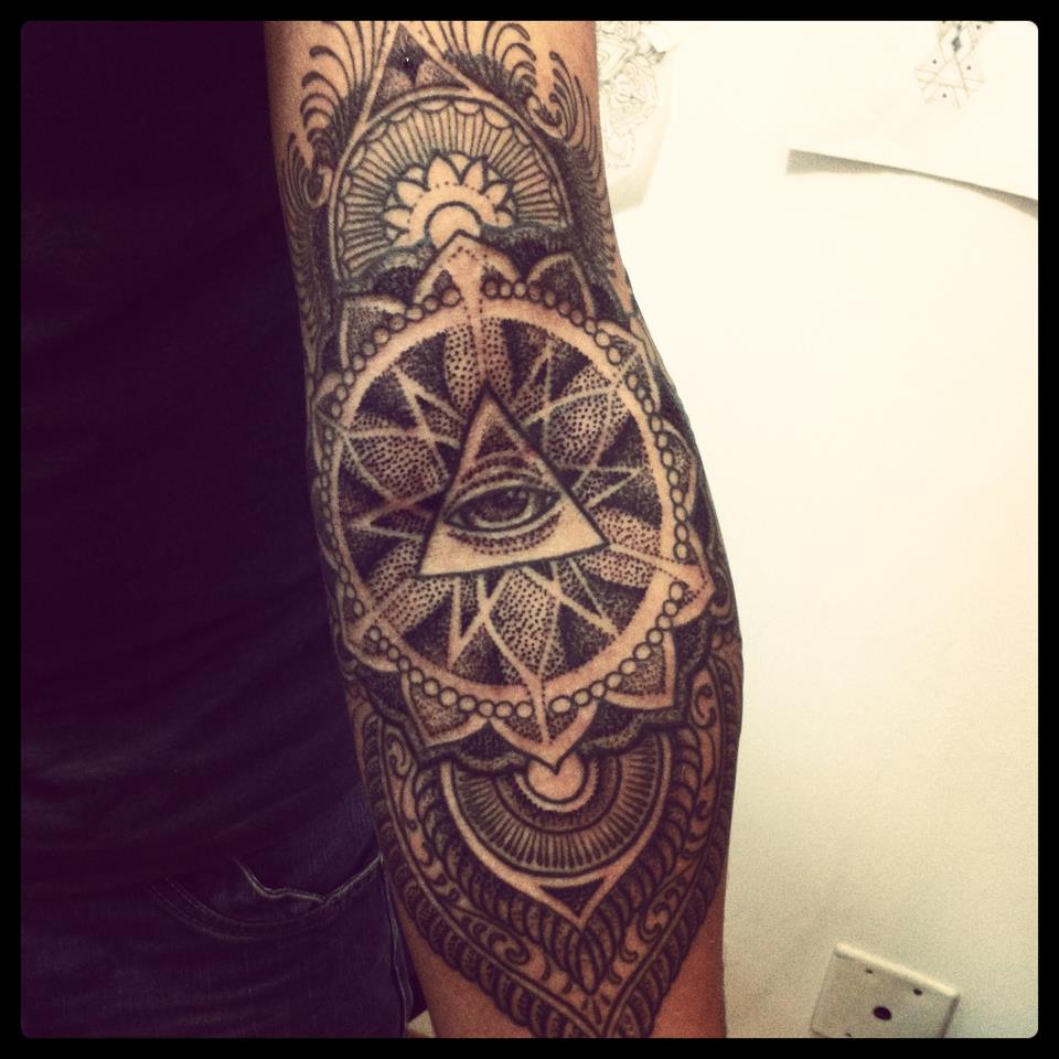 Incredible Grey Ink Triangle Eye With Mandala Flower Tattoo On Half Sleeve