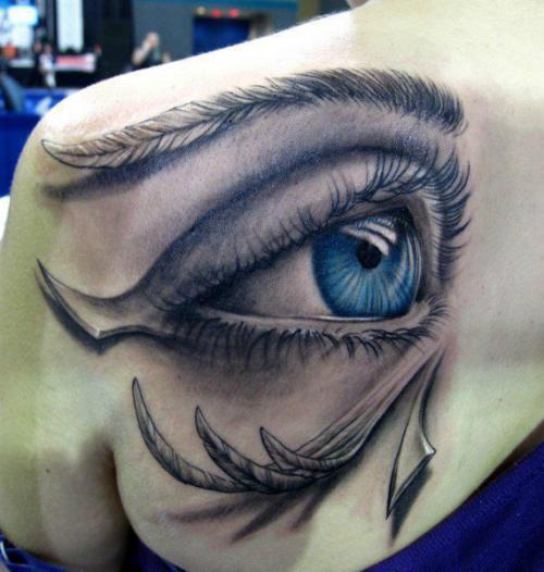 Incredible Large 3D Horus Eye Tattoo On Left Back Shoulder