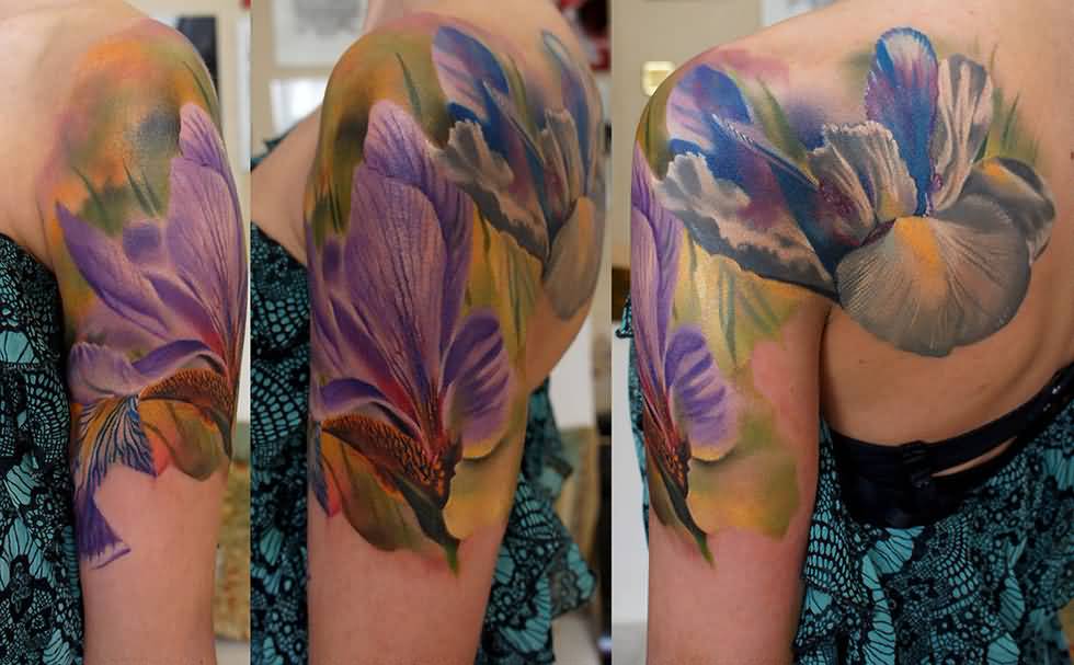 Incredible Large Irises Tattoo On Back Left Shoulder