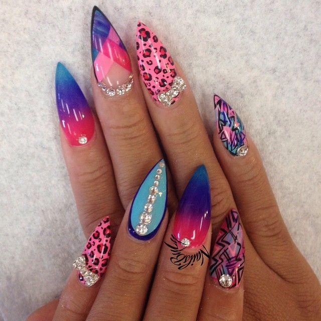 Incredible Ombre And Leopard Print Stiletto Nail Art With 3d Rhinestones Design