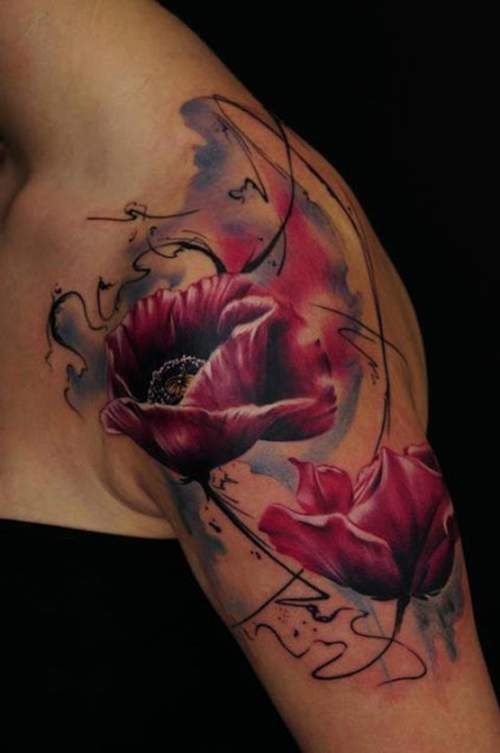 Incredible Red Iris Watercolor Tattoo On Left Shoulder