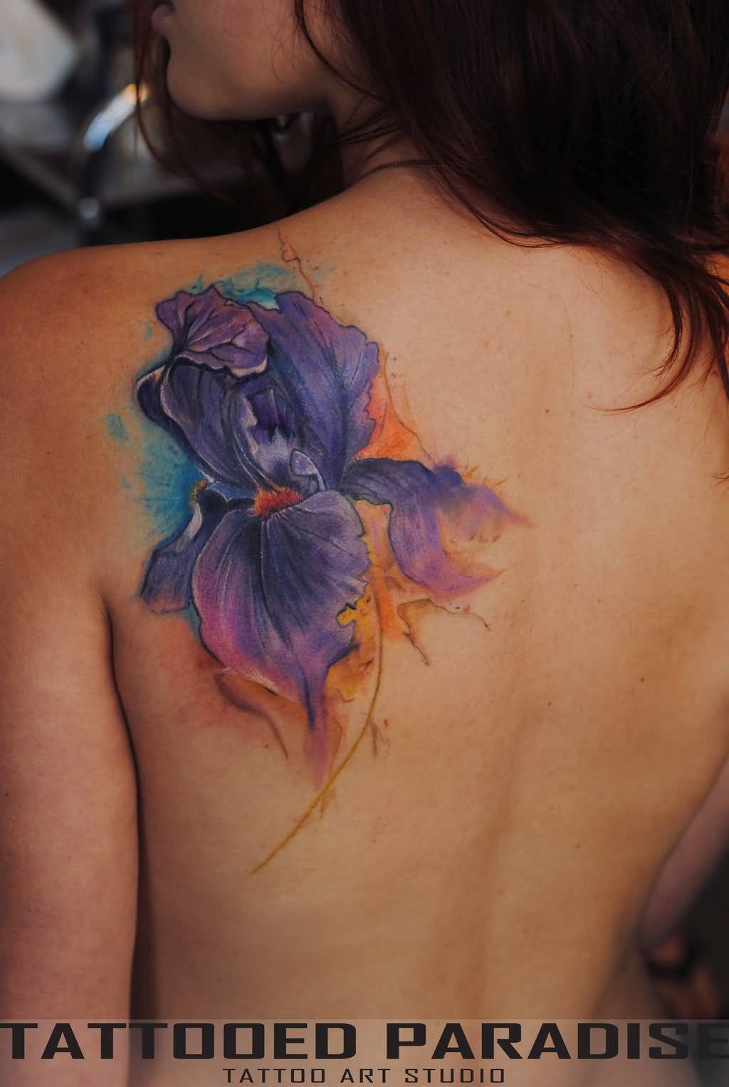 Inspiring Iris Watercolor Tattoo On Left Back Shoulder