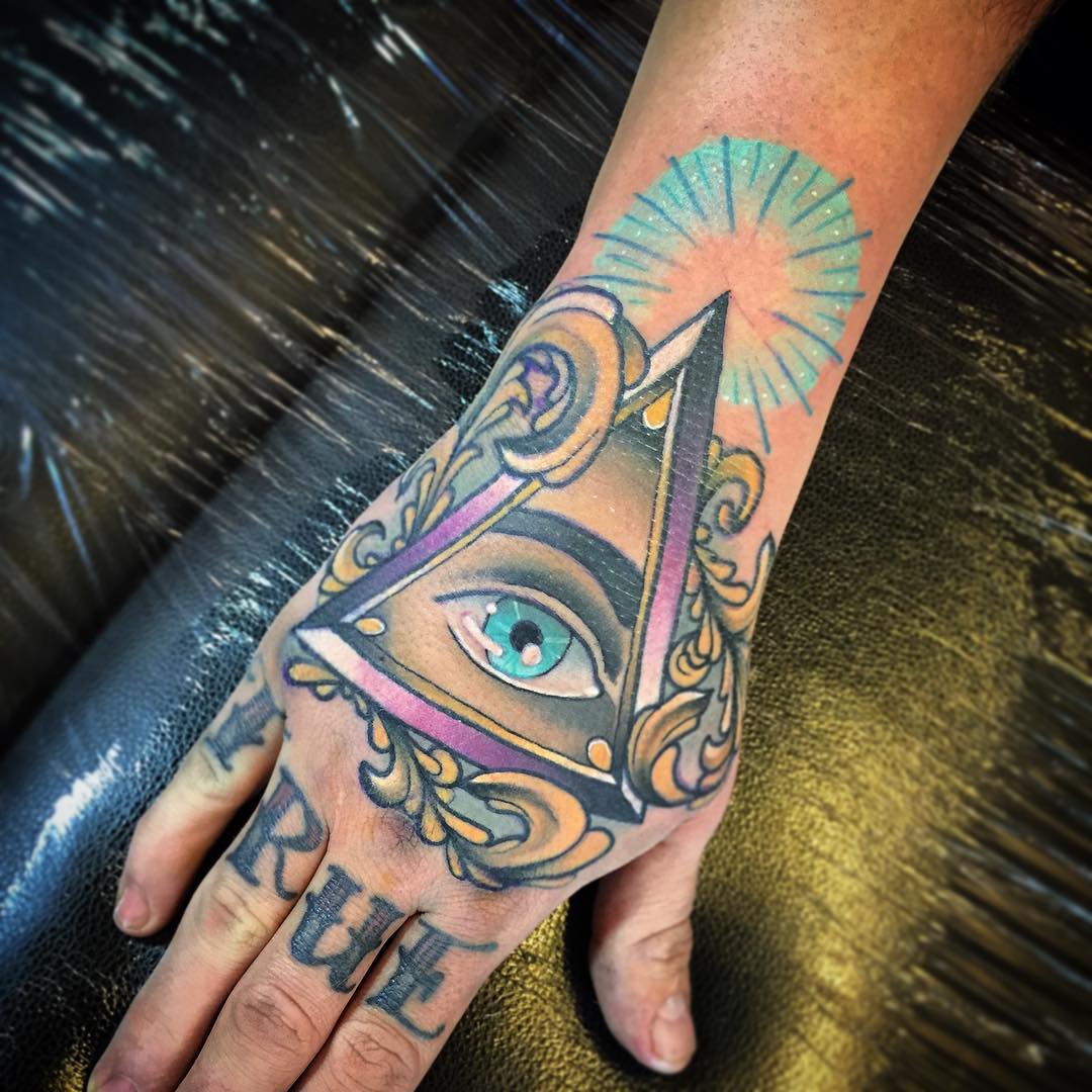 Inspiring Triangle Eye Colorful Tattoo On Hand