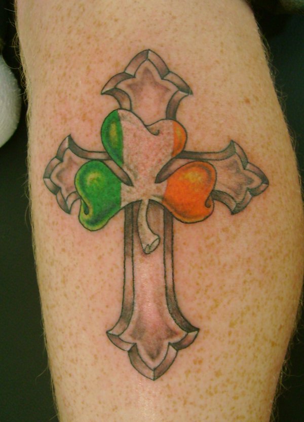 Ireland Flag On Shamrock With Cross Tattoo