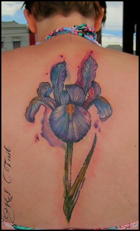 Large Light Blue Color Iris Flower Tattoo On Upper Back