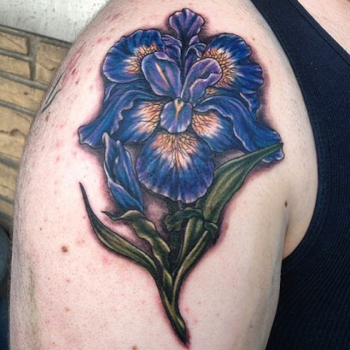 Large Purple Flower Tattoo On Right Shoulder