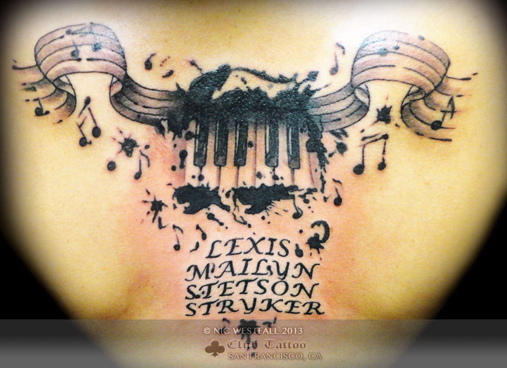 Latest Music Notes With Piano Keys And Lettering Tattoo