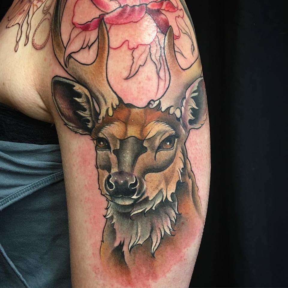 Left Shoulder Deer Head Tattoo by Melissa Fusco
