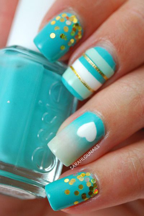 Light Blue And White Nails With Golden Dots And Stripes Design Idea