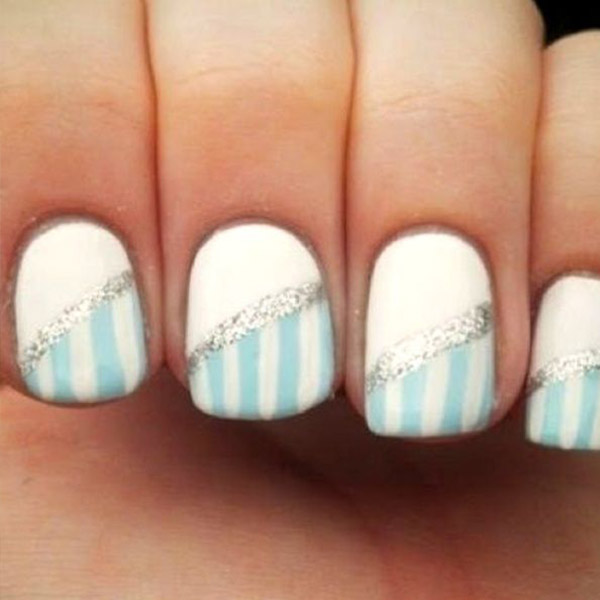 Light Blue And White Stripes Nail Art With Silver Design