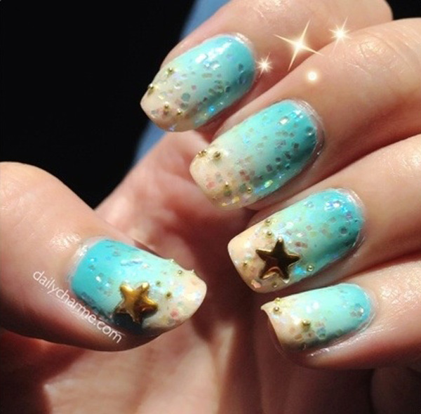 Light Blue And Yellow Ombre Nail Art With Golden 3D Stars Stud Design