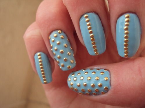 Light Blue Base Nails With Gold Caviar Beads Design Idea