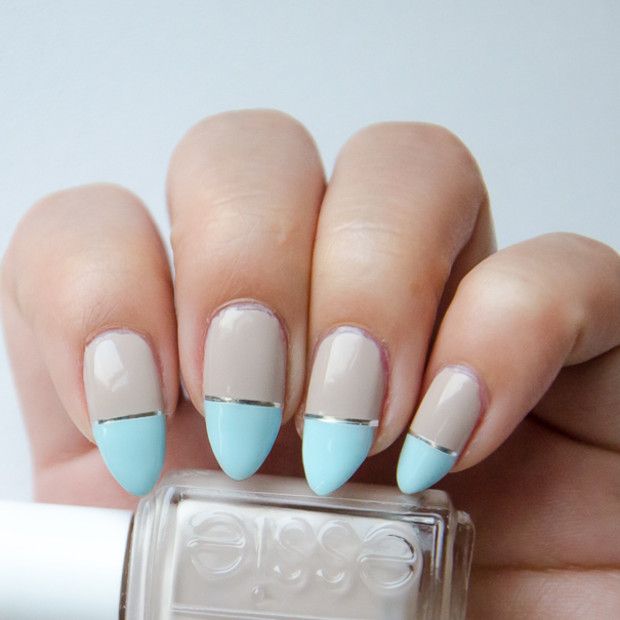 Light Blue French Tip With Silver Strip Nail Art