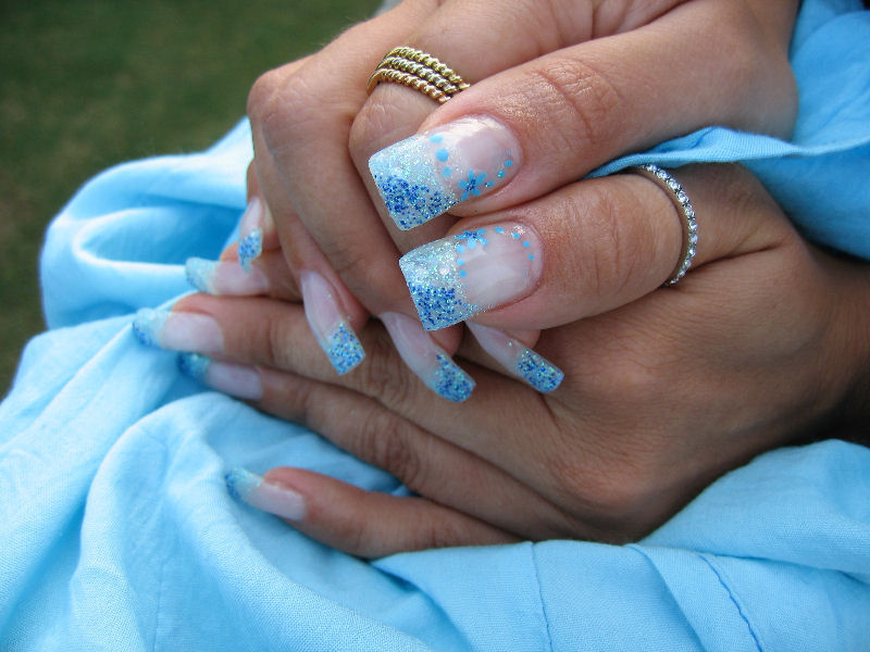 Light Blue Glitter Floral Tip Nail Art Design Idea