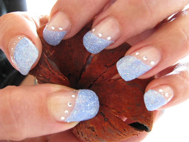Light Blue Glitter Gel French Tip Nail Art With Rhinestones Design Idea
