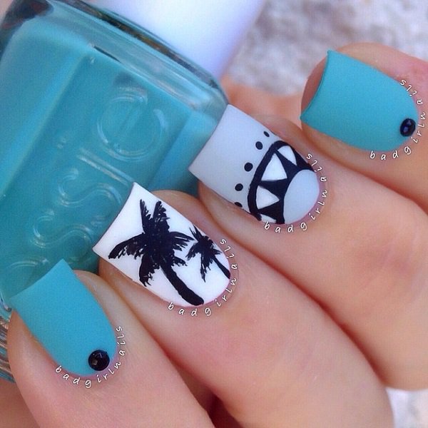 Light Blue Matte Nails With Palm Tree Summer Nail Art