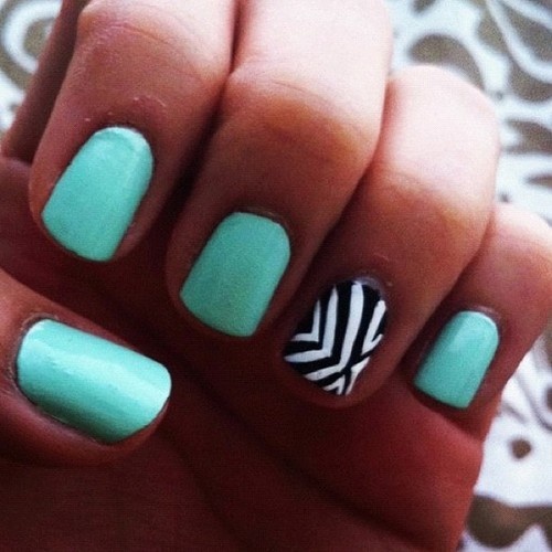Light Blue Nails With Black And White Stripes Design Nail Art