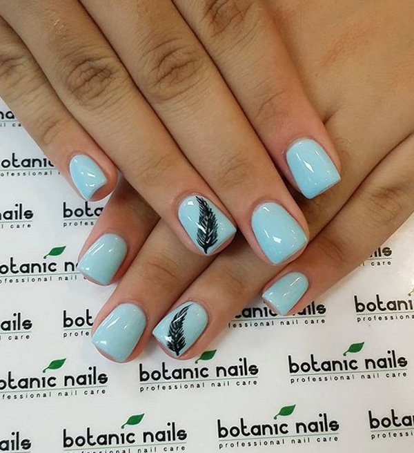Light Blue Nails With Black Feather Design Nail Art