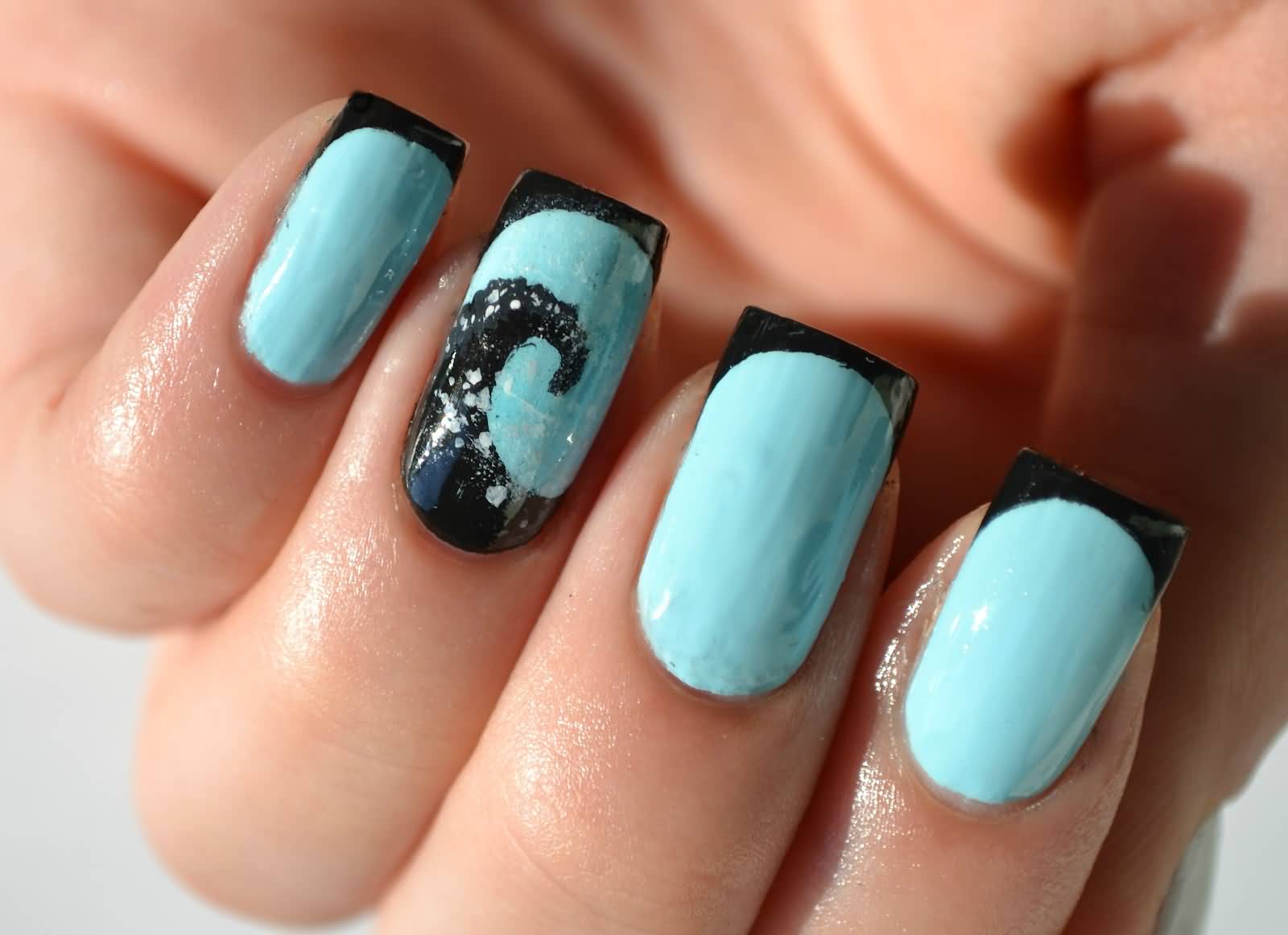 Light Blue Nails With Black Tip And Spiral Design Nail Art