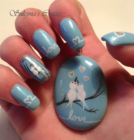 Light Blue Nails With Love Birds Design Nail Art