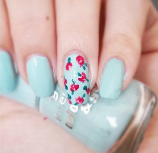 Light Blue Nails With Pink Floral Design Nail Art