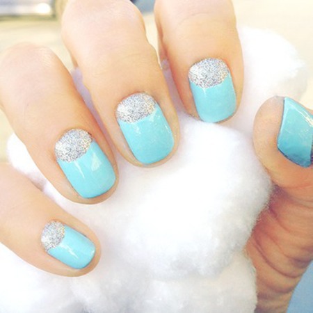 Light Blue Nails With Reverse French Silver Glitter Nail Art