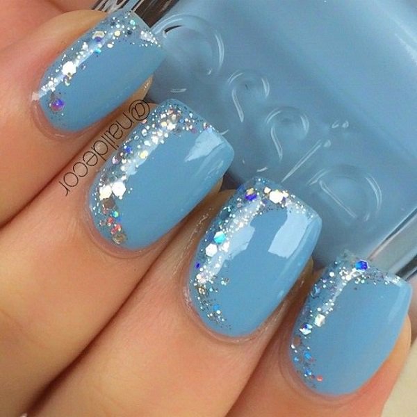 Light Blue Nails With Silver Glitter Nail Art