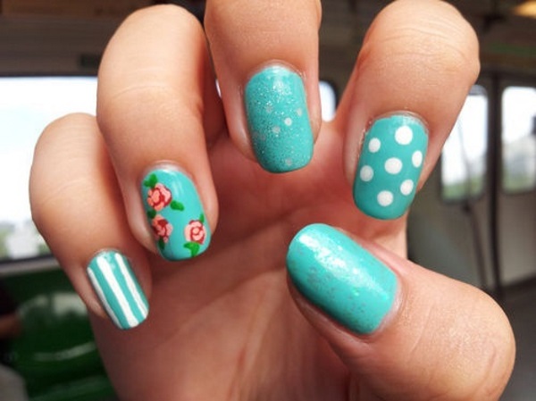 Light Blue Nails With White Polka Dots, Stripes And Rose Flower Nail Art