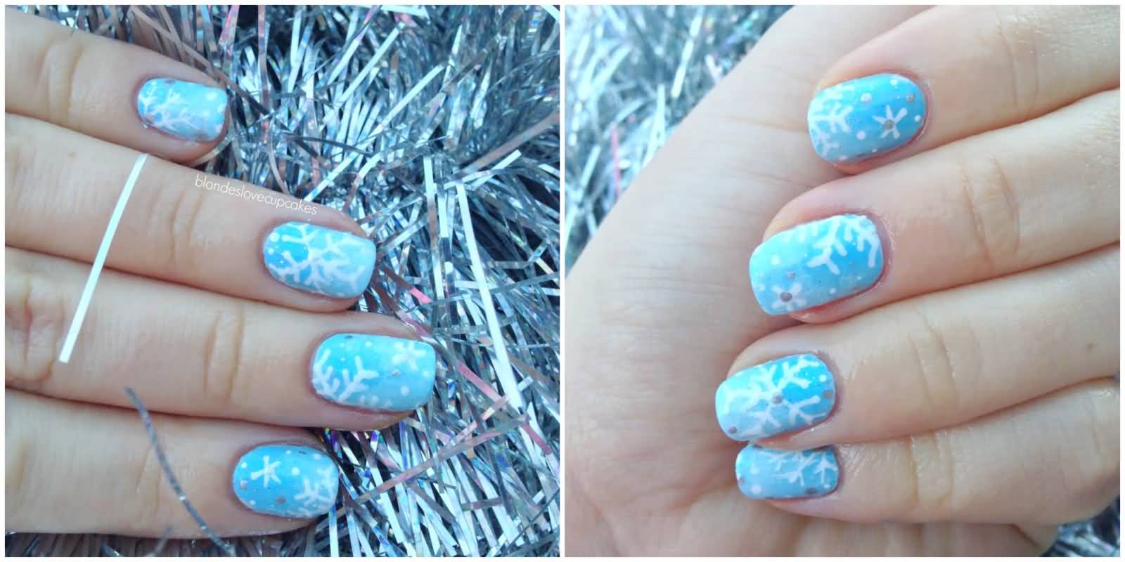 Light Blue Nails With White Snowflakes Design Nail Art