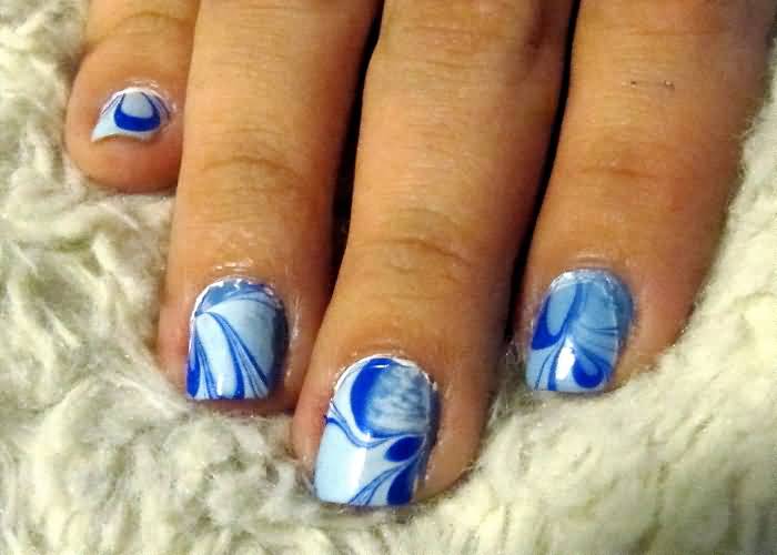Light Blue Water Marble Nail Art Idea
