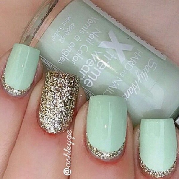 Light Green Nails With Gold Glitter Accent Nail Art