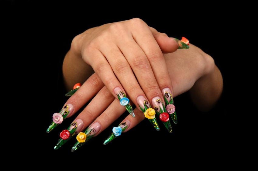 Long Nails With Multicolored 3D Rose Flowers Nail Art