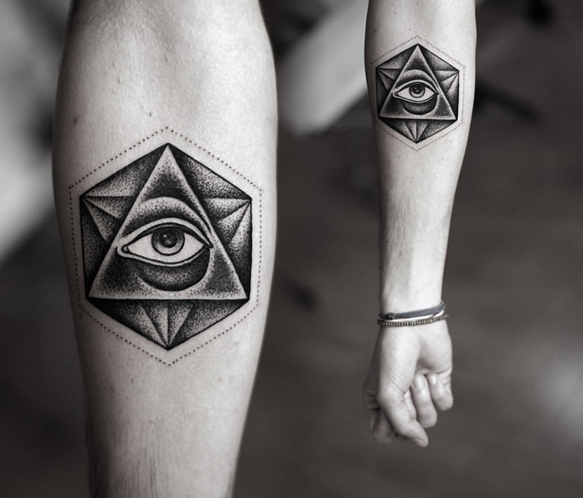 Lovely Black Ink Triangle Eye Tattoo On Forearm