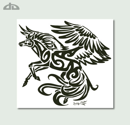 Lovely Black Tribal Pegasus Tattoo Stencil