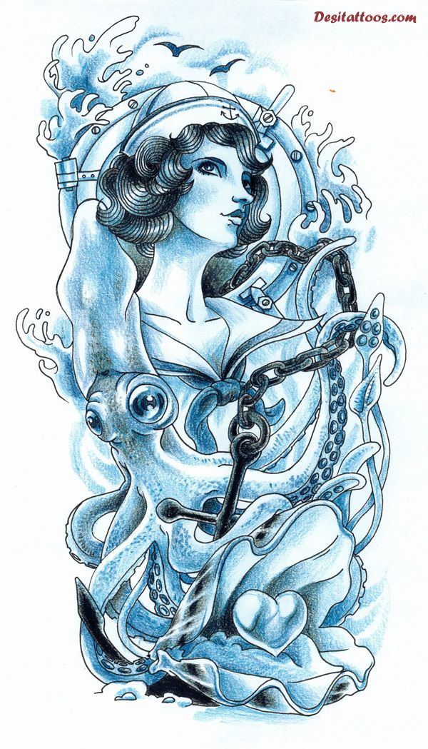 Lovely Blue Sailor Lady With Sea Creatures Tattoo Stencil