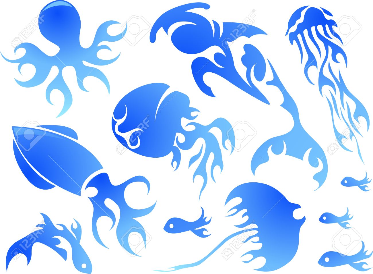 Lovely Blue Sea Creatures Tattoo Design Set