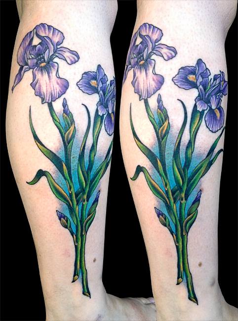 Lovely Colored Iris Flowers Matching Tattoo On Back Leg