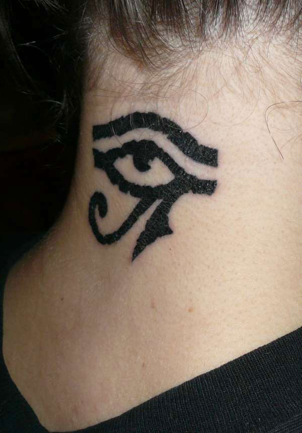 Lovely Dark Black Ink Horus Eye Tattoo On Back Neck