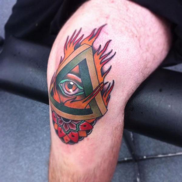 Lovely Flaming Triangle Eye With Mandala Flower Tattoo On Leg