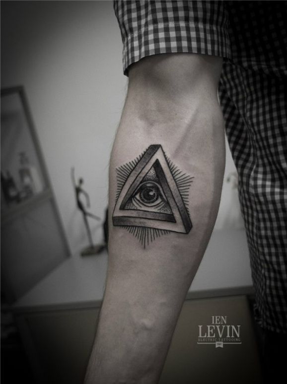 Lovely Grey 3D Triangle Eye Tattoo On Forearm