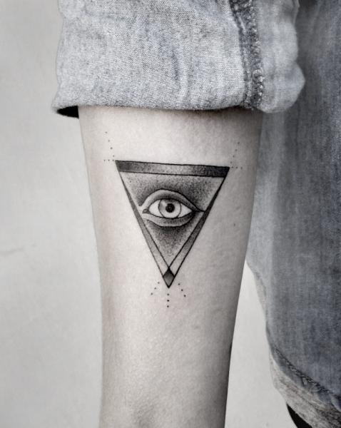 Lovely Grey Color Triangle Eye Tattoo On Forearm