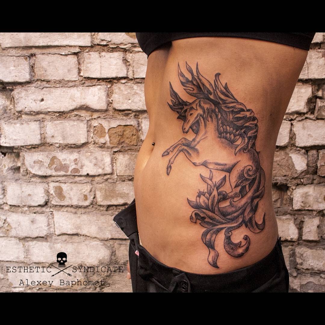 Lovely Grey Pegasus Tattoo On Side Rib