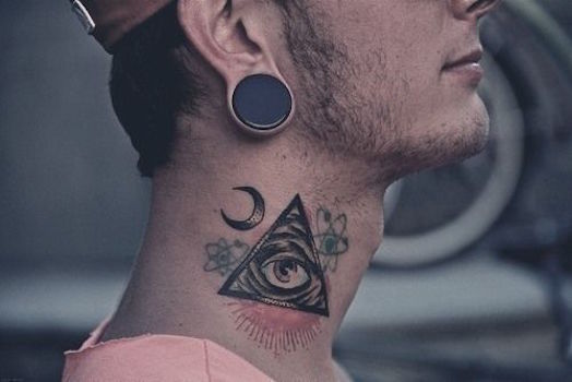 Lovely Grey Triangle Eye With Half Moon Tattoo On Side Neck