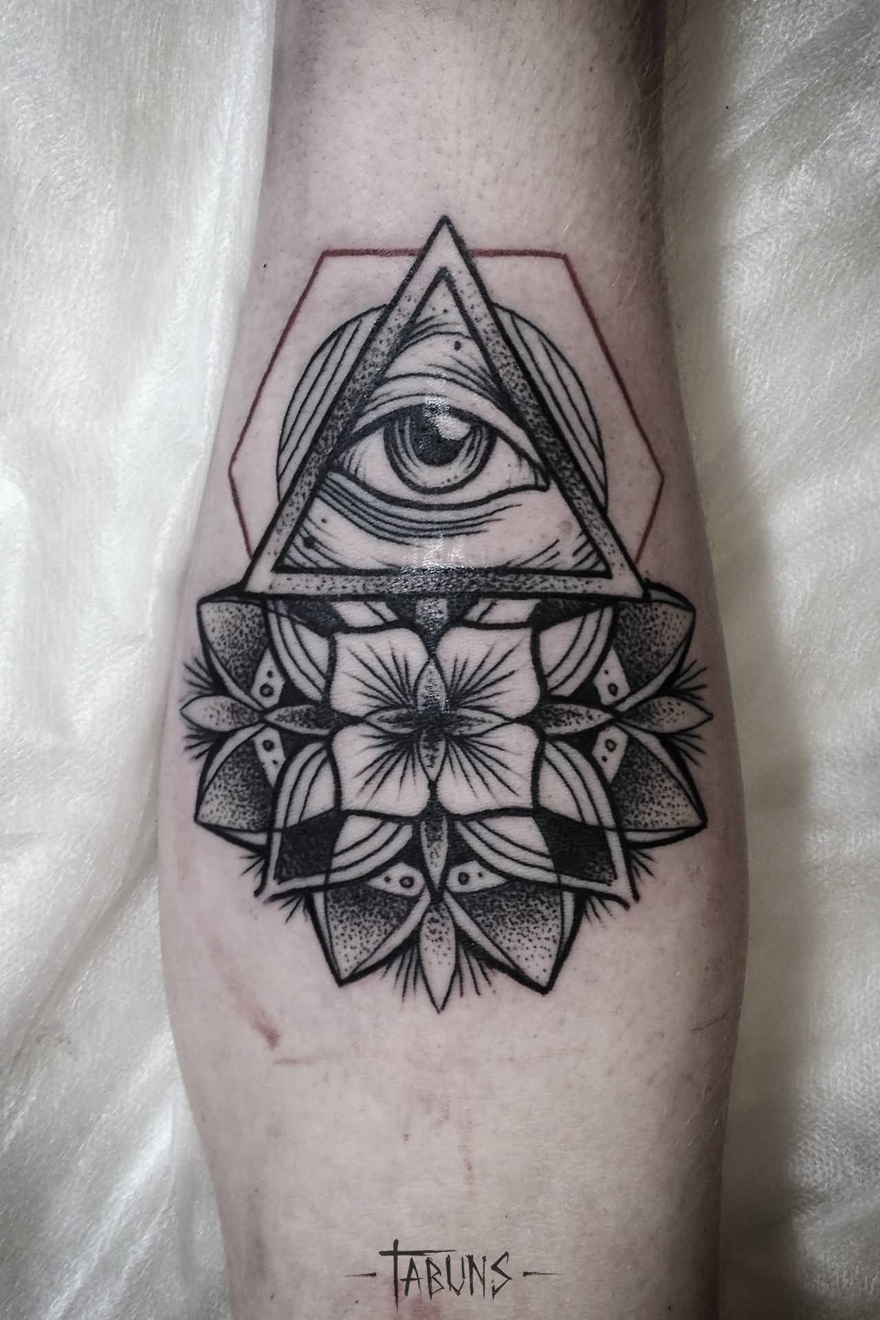 Lovely Grey Triangle Eye With Mandala Flower Dotwork Tattoo
