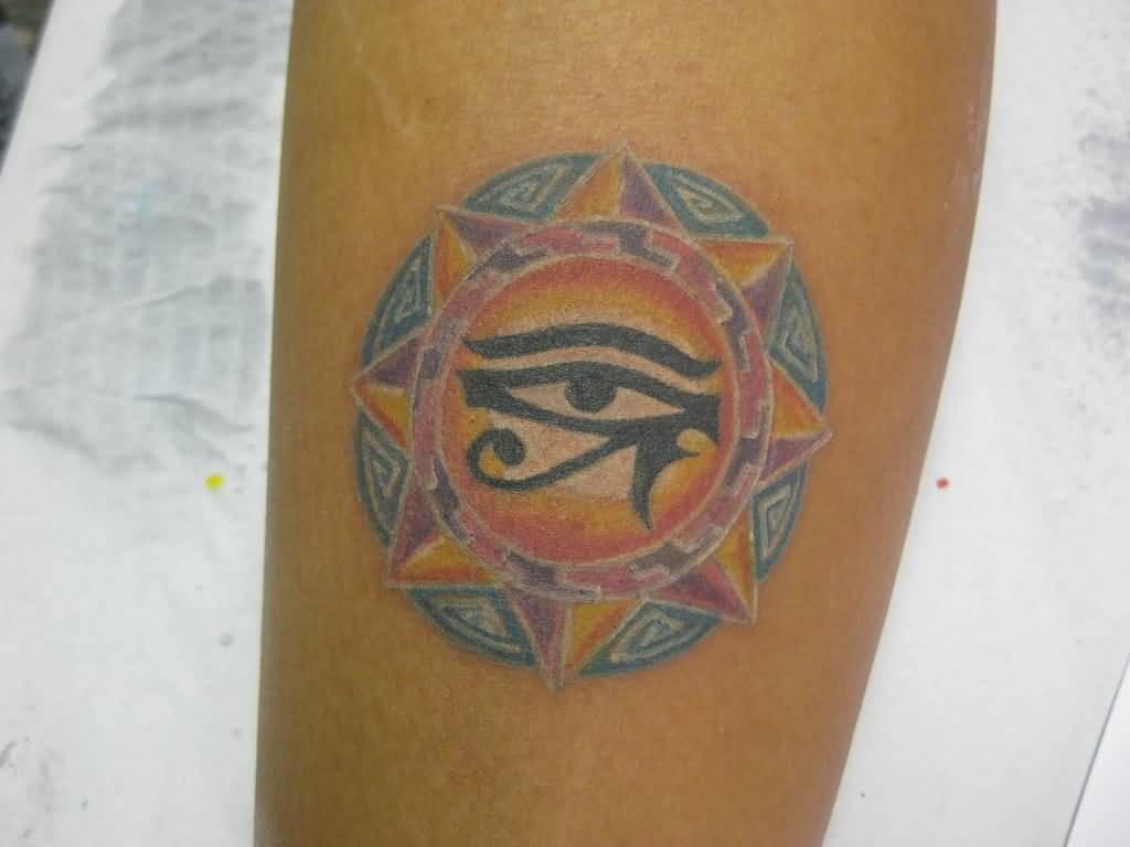 Lovely Horus Eye In Colorful Sun Tattoo