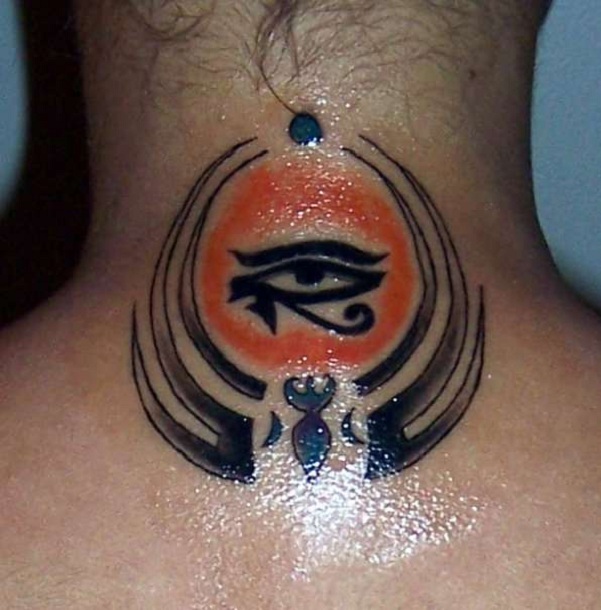 Lovely Horus Eye With Tribal Design Tattoo On Back Neck